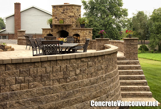 Block retaining walls and steps at patio deck